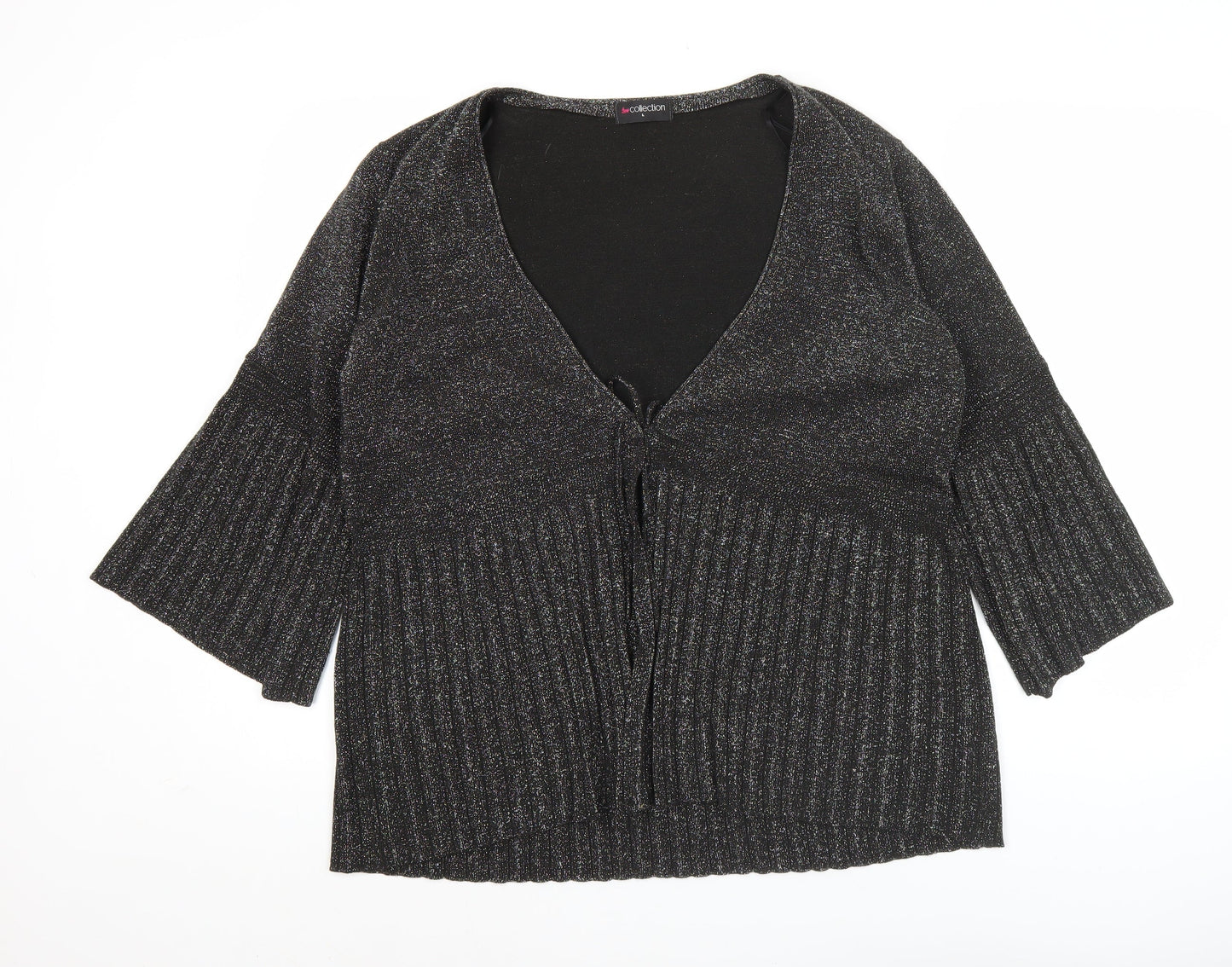 BM Collection Womens Black Glitter Cardigan L 3/4 Sleeve V-Neck