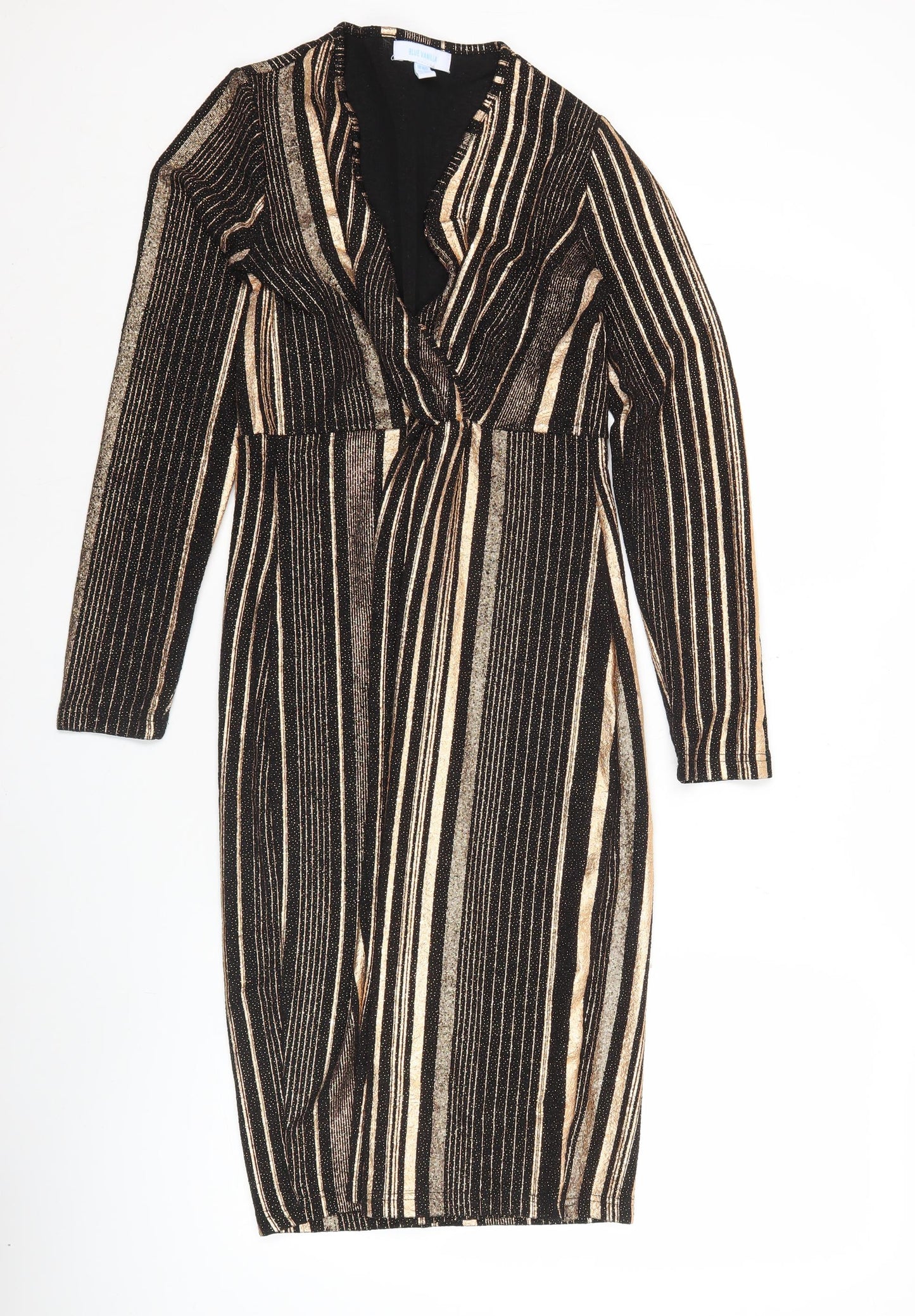 Blue Vanilla Womens Black Gold Striped Bodycon Knee Length Dress Size 10