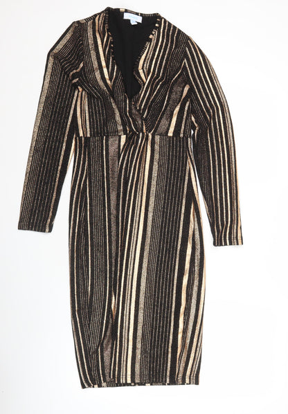 Blue Vanilla Womens Black Gold Striped Bodycon Knee Length Dress Size 10