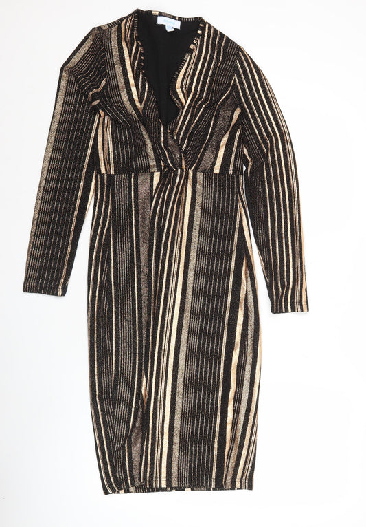 Blue Vanilla Womens Black Gold Striped Bodycon Knee Length Dress Size 10