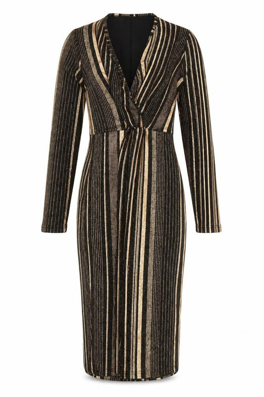 Blue Vanilla Womens Black Gold Striped Bodycon Knee Length Dress Size 10
