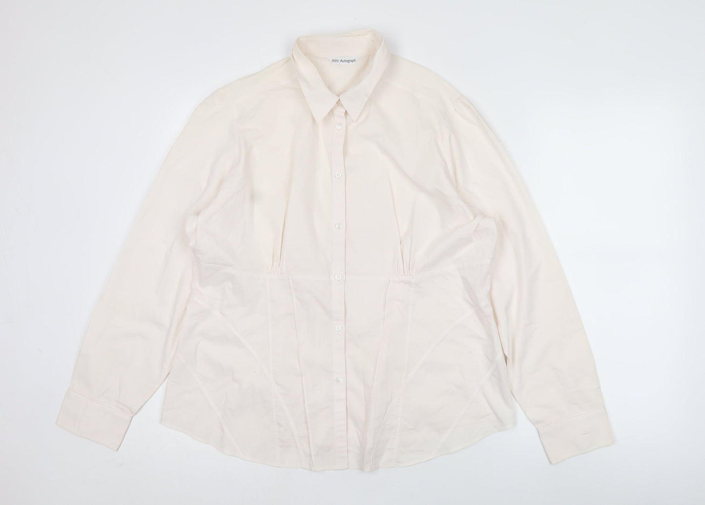 Marks & Spencer Women Ivory Size 18 Classic Button-Up Long Sleeve Cotton Blend Shirt