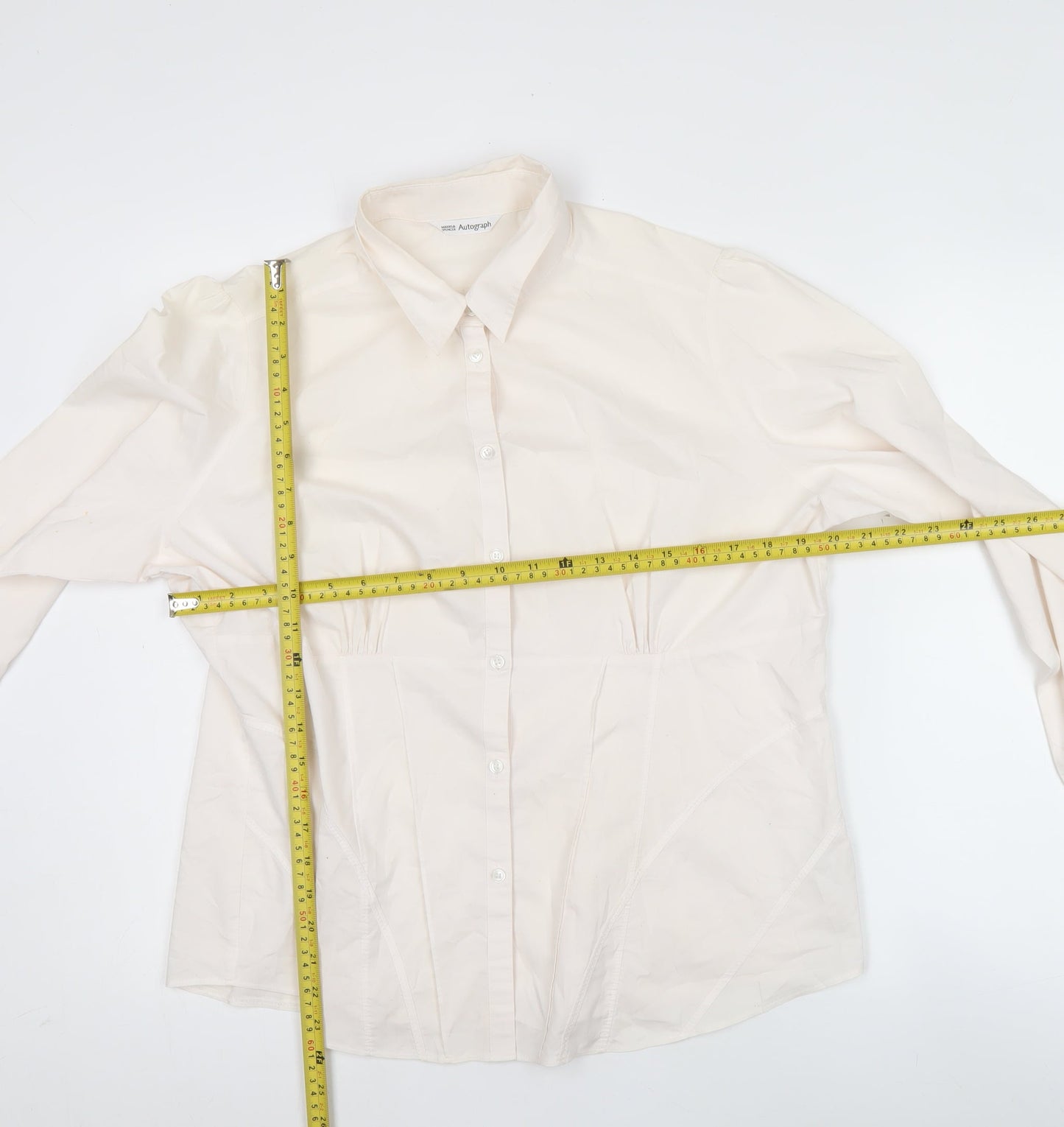 Marks & Spencer Women Ivory Size 18 Classic Button-Up Long Sleeve Cotton Blend Shirt