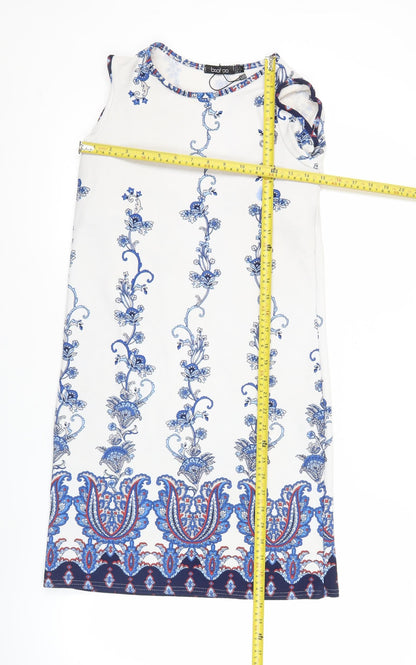 Boohoo Womens White Blue Sheath Dress Size 8 Sleeveless Floral