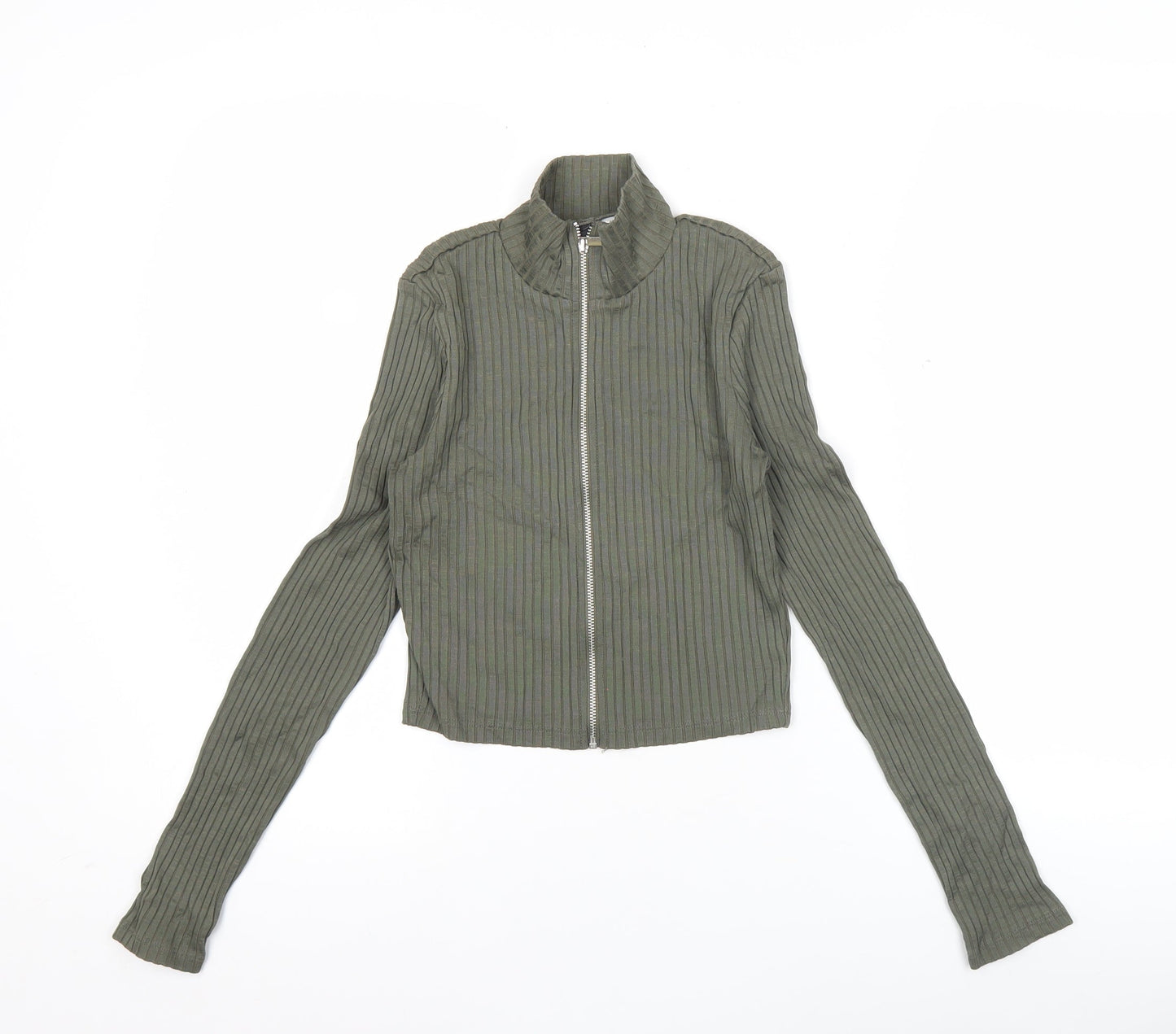 H&M Divided Women Green Slim Fit Ribbed Long Sleeve Zip Top S