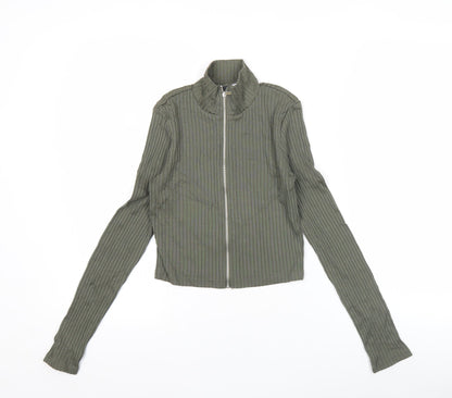 H&M Divided Women Green Slim Fit Ribbed Long Sleeve Zip Top S