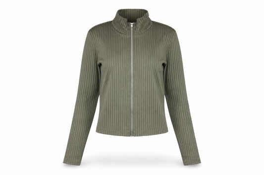 H&M Divided Women Green Slim Fit Ribbed Long Sleeve Zip Top S