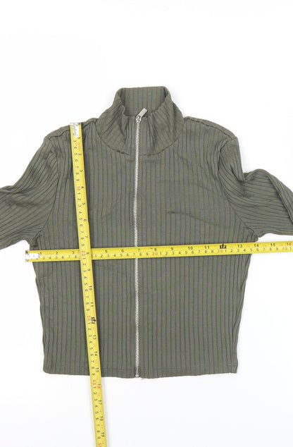 H&M Divided Women Green Slim Fit Ribbed Long Sleeve Zip Top S