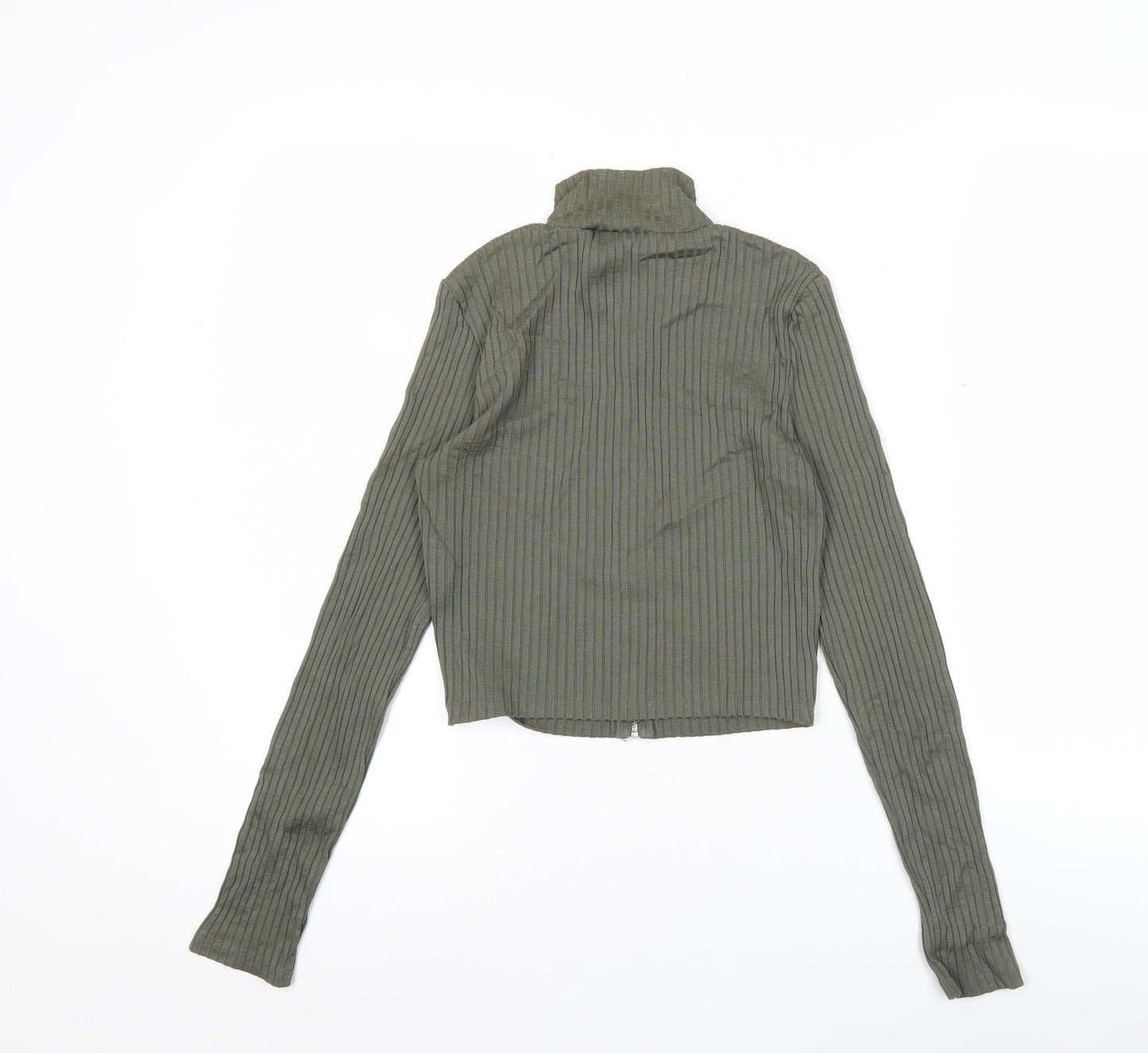 H&M Divided Women Green Slim Fit Ribbed Long Sleeve Zip Top S