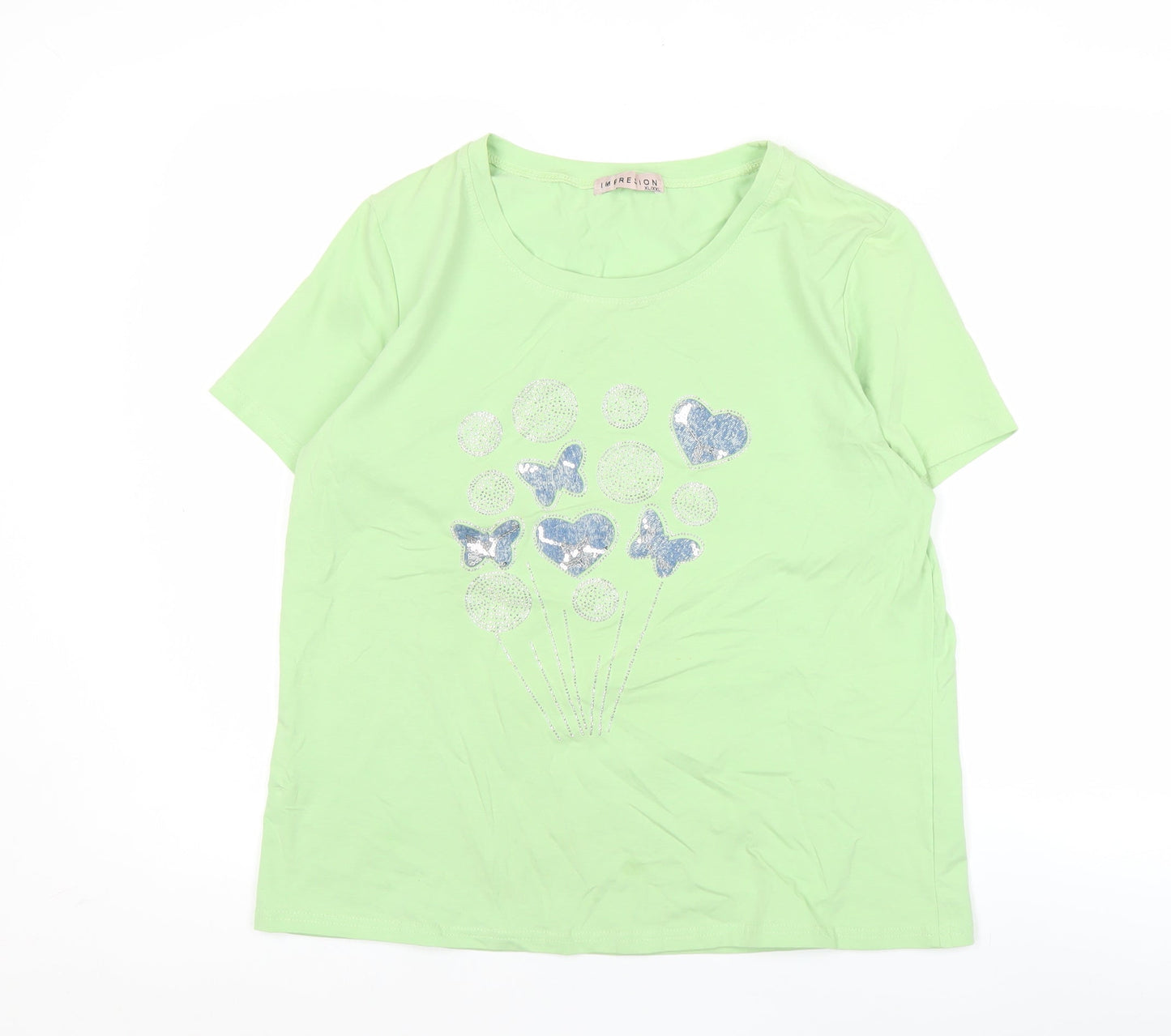 Impresion Womens Green Short Sleeve T-Shirt XL Glitter Butterfly