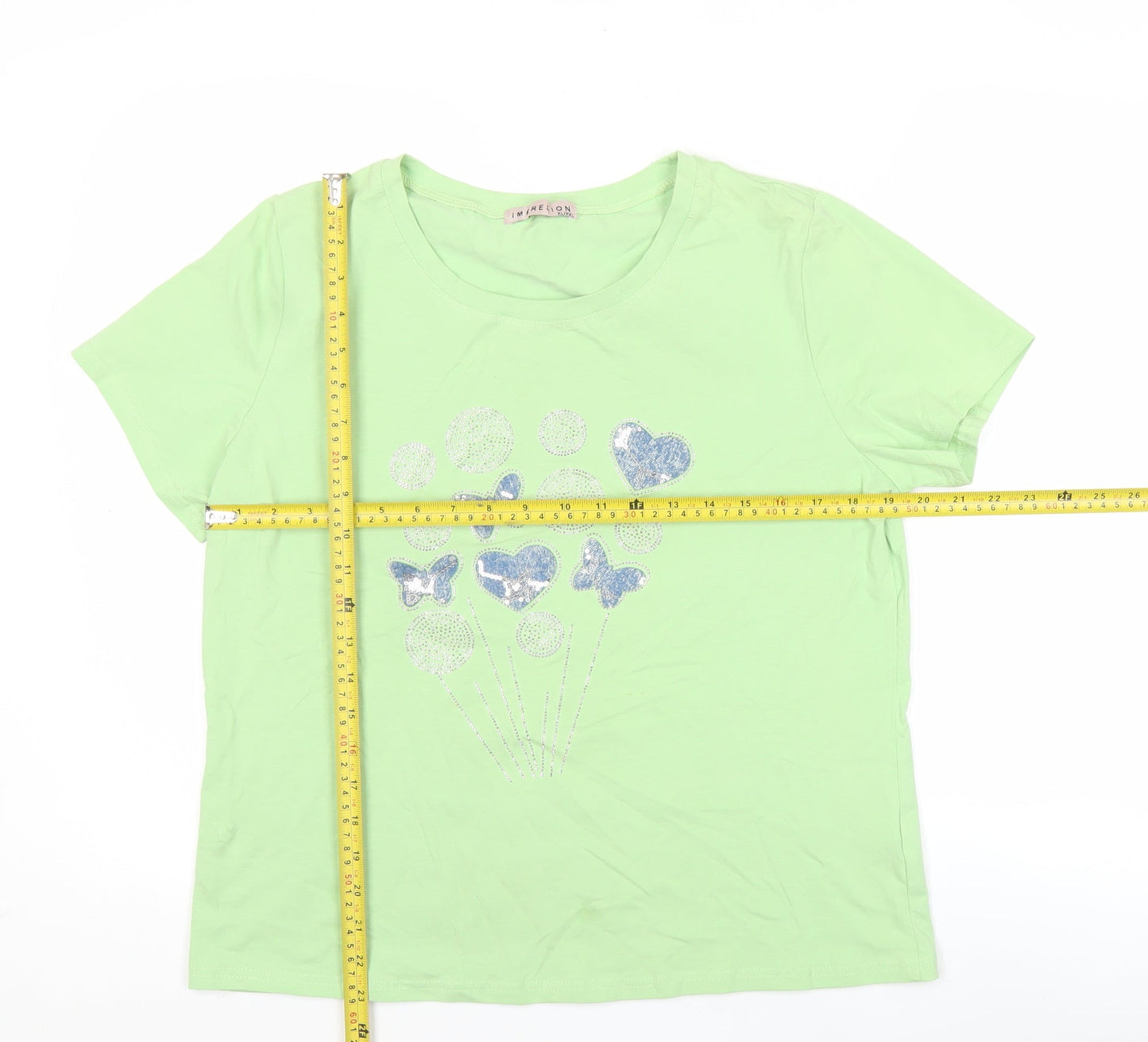 Impresion Womens Green Short Sleeve T-Shirt XL Glitter Butterfly