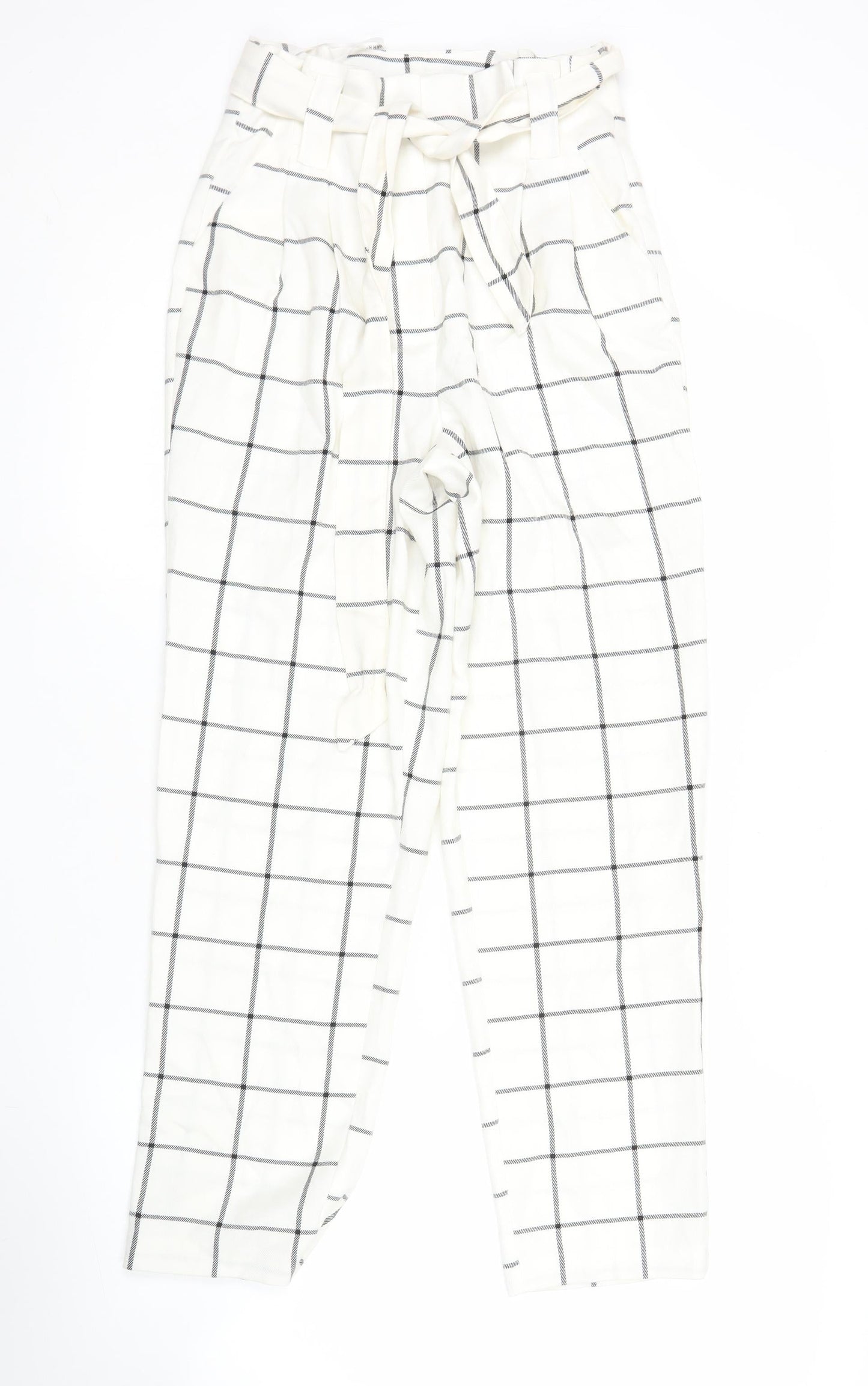 Primark Womens White Check Pleated Tapered Trousers Size 6