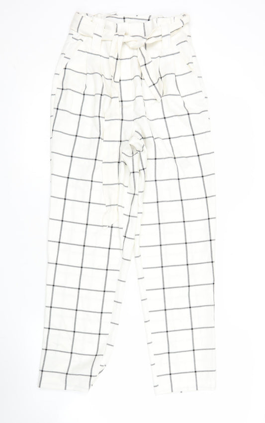 Primark Womens White Check Pleated Tapered Trousers Size 6