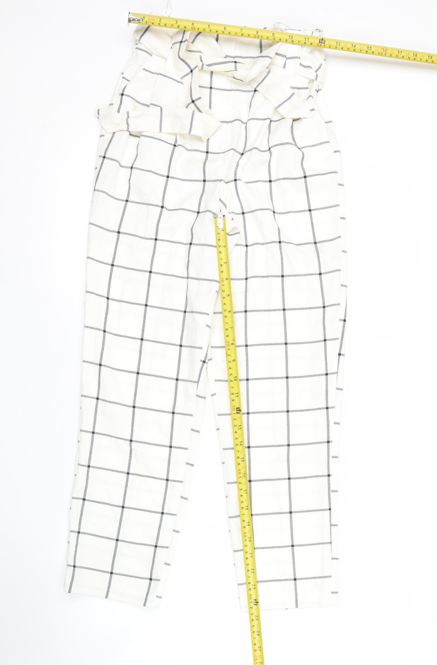 Primark Womens White Check Pleated Tapered Trousers Size 6