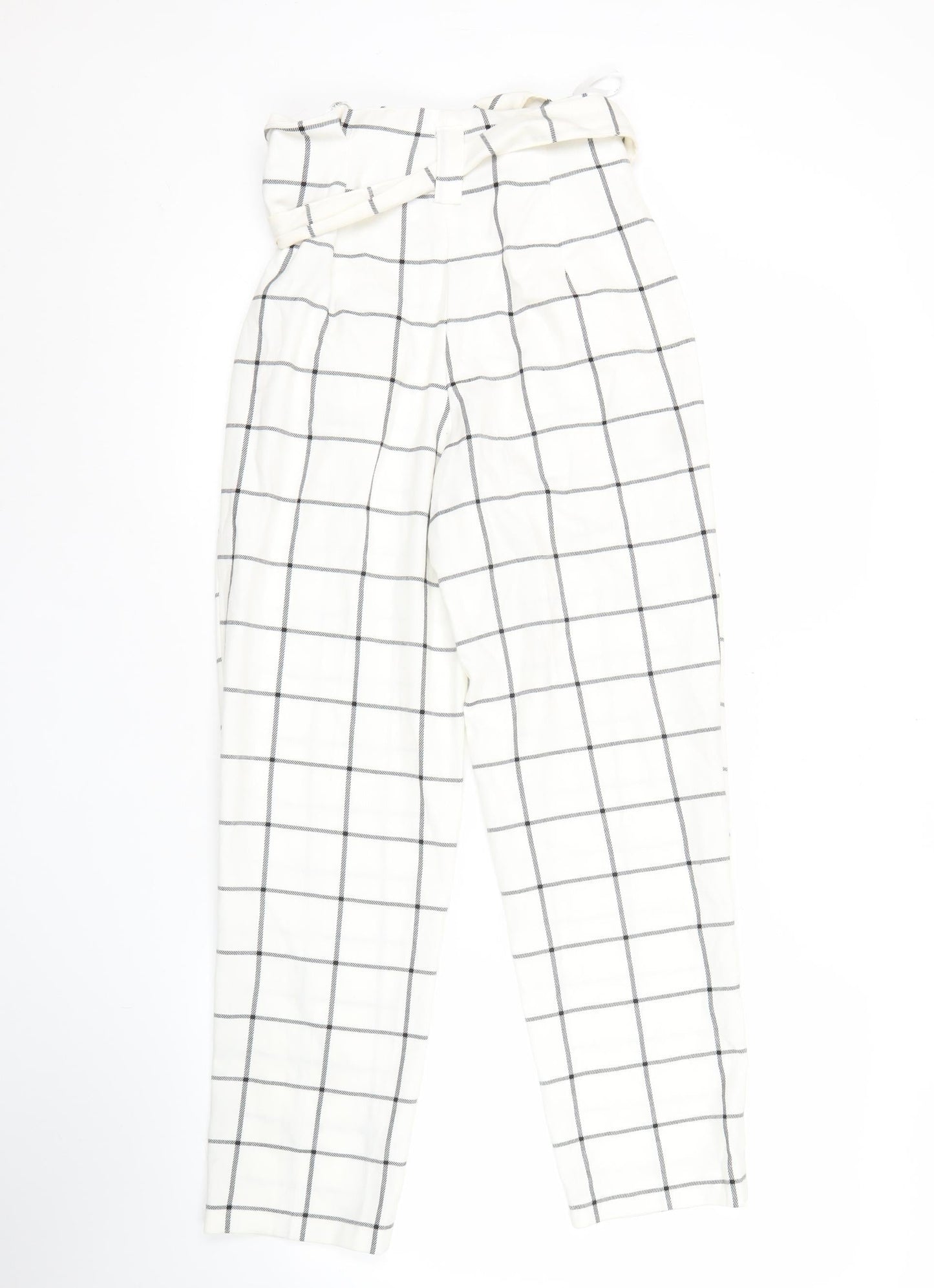 Primark Womens White Check Pleated Tapered Trousers Size 6