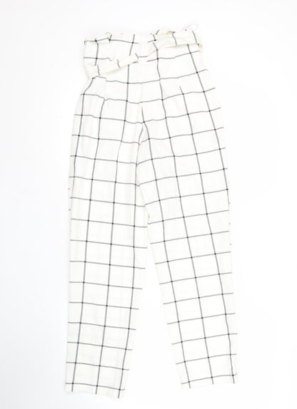 Primark Womens White Check Pleated Tapered Trousers Size 6