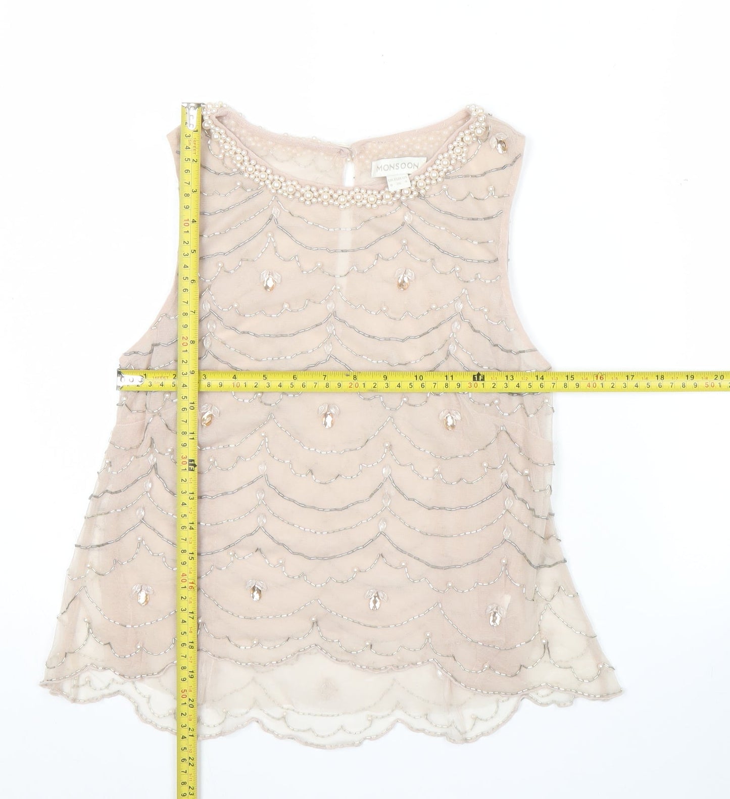 Monsoon Women Beige Beaded Sleeveless Tunic Blouse UK 8
