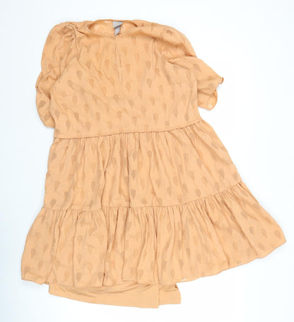H&M Women Beige Short Puff Sleeve A-Line Dress Size 10