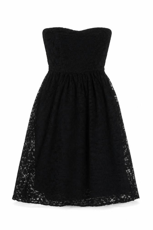 Front view of ASOS Women’s Black Lace Strapless Midi Dress, size UK 6