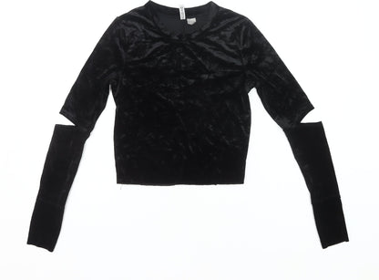 H&M Women’s Black Velvet Cropped Long Sleeve Slim Blouse S