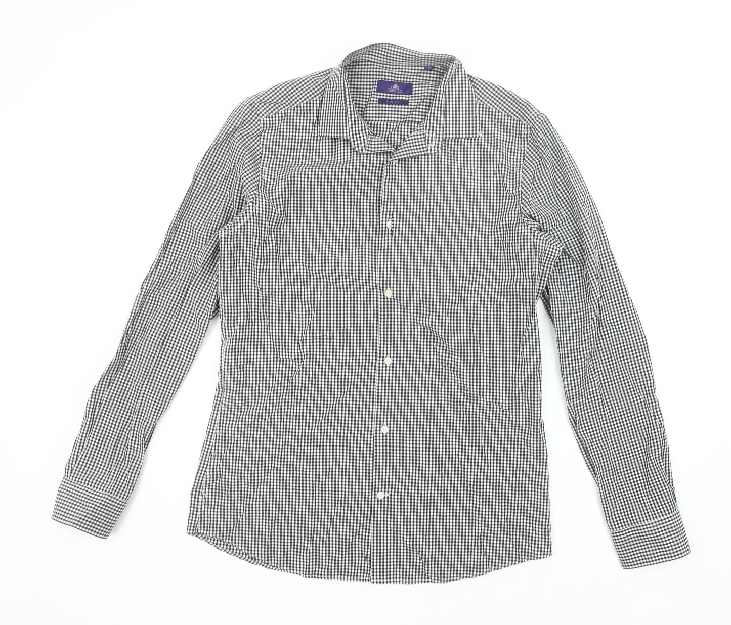 Next Mens Slim Fit Black Check Long Sleeve Button-Up Shirt Size 15.5