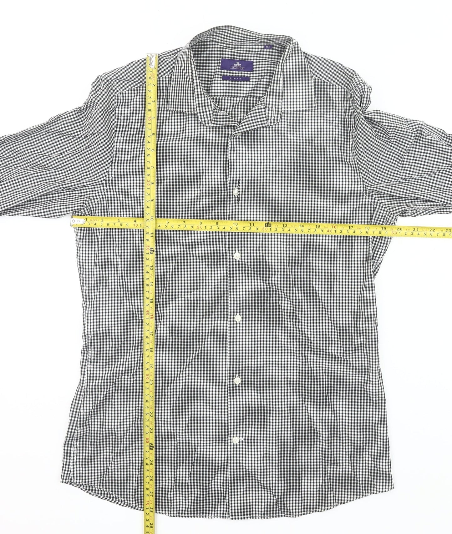 Next Mens Slim Fit Black Check Long Sleeve Button-Up Shirt Size 15.5