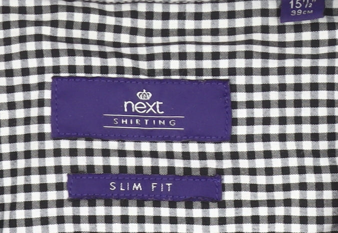 Next Mens Slim Fit Black Check Long Sleeve Button-Up Shirt Size 15.5
