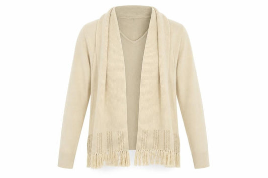 Debbie Morgan Womens Beige L Cardigan V-Neck Knit Fringe Detail