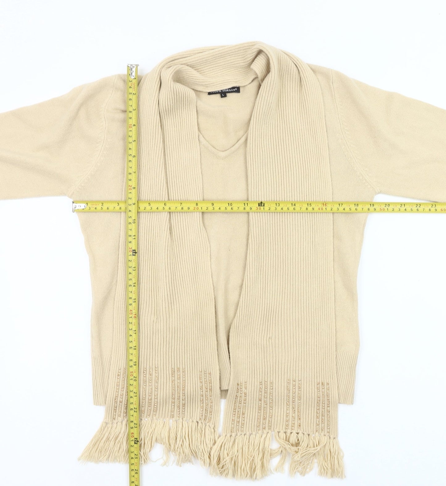 Debbie Morgan Womens Beige L Cardigan V-Neck Knit Fringe Detail