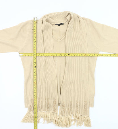 Debbie Morgan Womens Beige L Cardigan V-Neck Knit Fringe Detail
