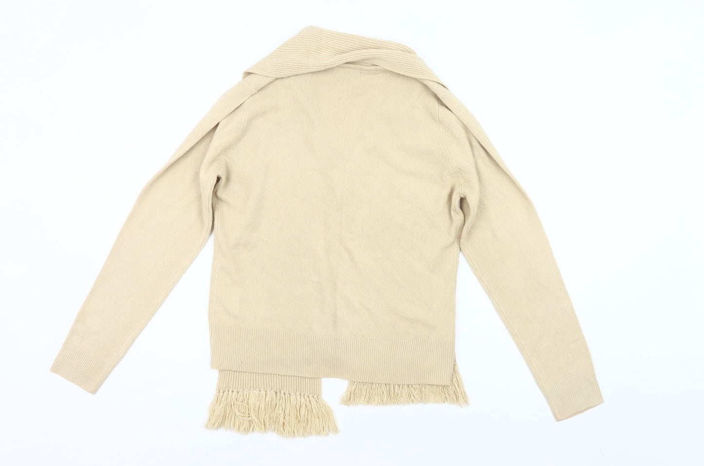 Debbie Morgan Womens Beige L Cardigan V-Neck Knit Fringe Detail