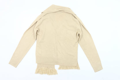Debbie Morgan Womens Beige L Cardigan V-Neck Knit Fringe Detail
