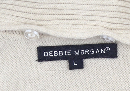 Debbie Morgan Womens Beige L Cardigan V-Neck Knit Fringe Detail