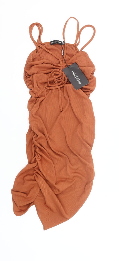 PrettyLittleThing Women’s Brown Ruched Bodycon Midi Dress Size 12