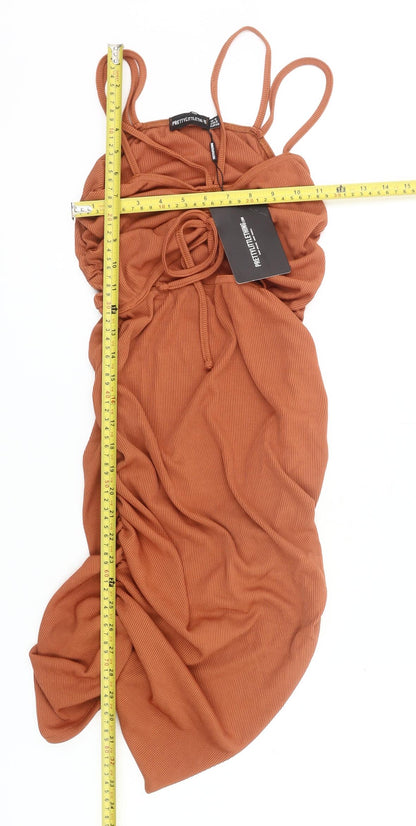 PrettyLittleThing Women’s Brown Ruched Bodycon Midi Dress Size 12