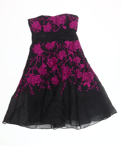 Coast Women’s Black Pink Floral Strapless Silk Dress Size 12