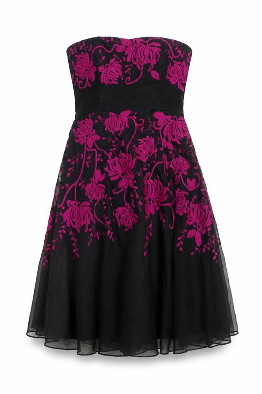 Coast Women’s Black Pink Floral Strapless Silk Dress Size 12