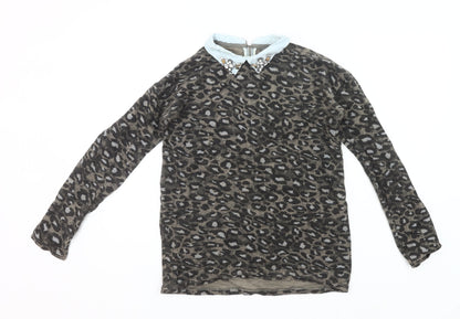 Next Womens Brown Leopard Print Collared Tunic Blouse Size 8