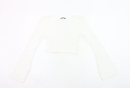 PrettyLittleThing Women White Size 8 Cropped Knit Long Sleeve Top