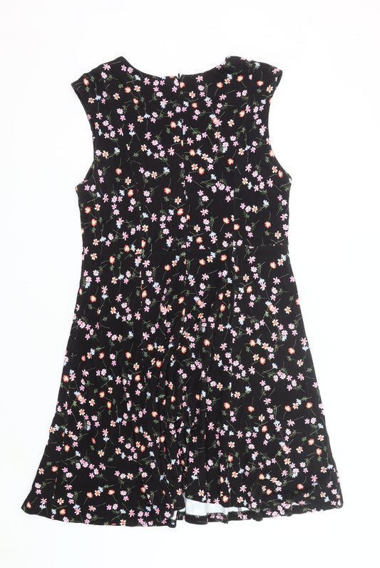 Additional front view of French Connection Women’s Black Floral Fit & Flare Sleeveless Dress, size UK 12