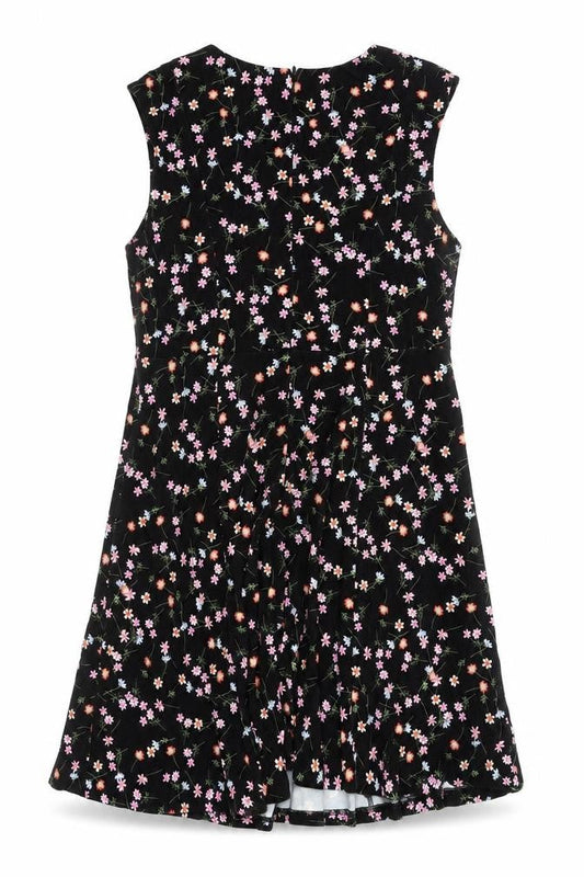Front view of French Connection Women’s Black Floral Fit & Flare Sleeveless Dress, size UK 12