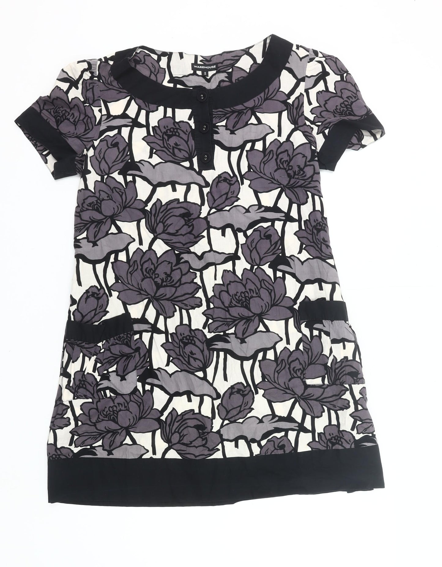 Warehouse Women’s Black Purple Floral Shift Dress UK 12 Short Sleeve Cotton
