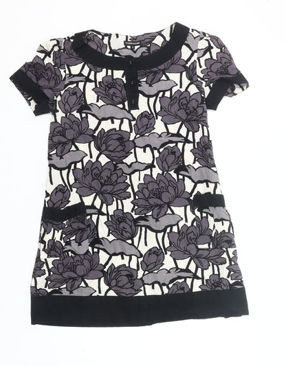 Warehouse Women’s Black Purple Floral Shift Dress UK 12 Short Sleeve Cotton