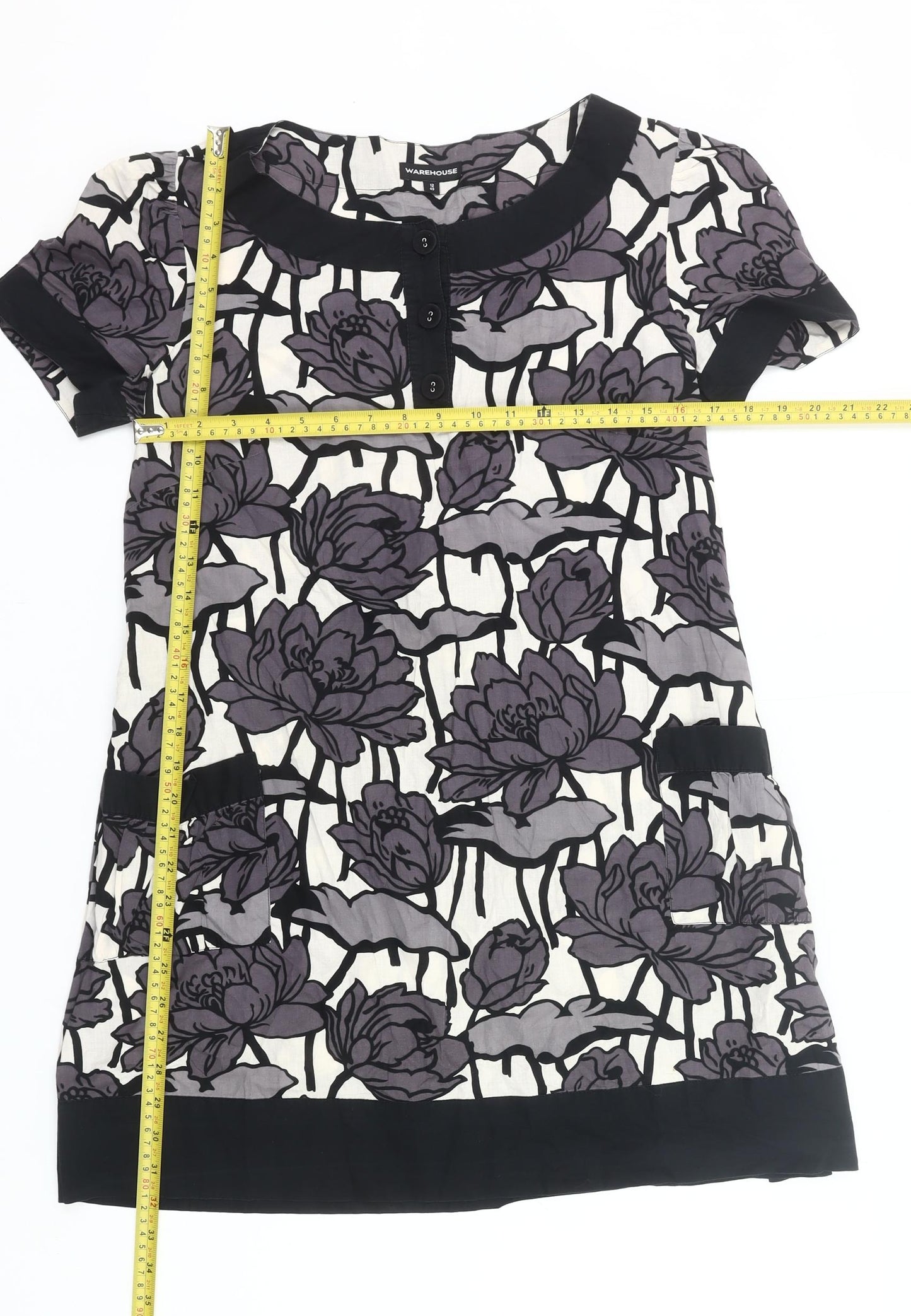 Warehouse Women’s Black Purple Floral Shift Dress UK 12 Short Sleeve Cotton