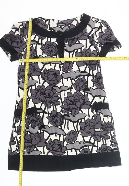 Warehouse Women’s Black Purple Floral Shift Dress UK 12 Short Sleeve Cotton