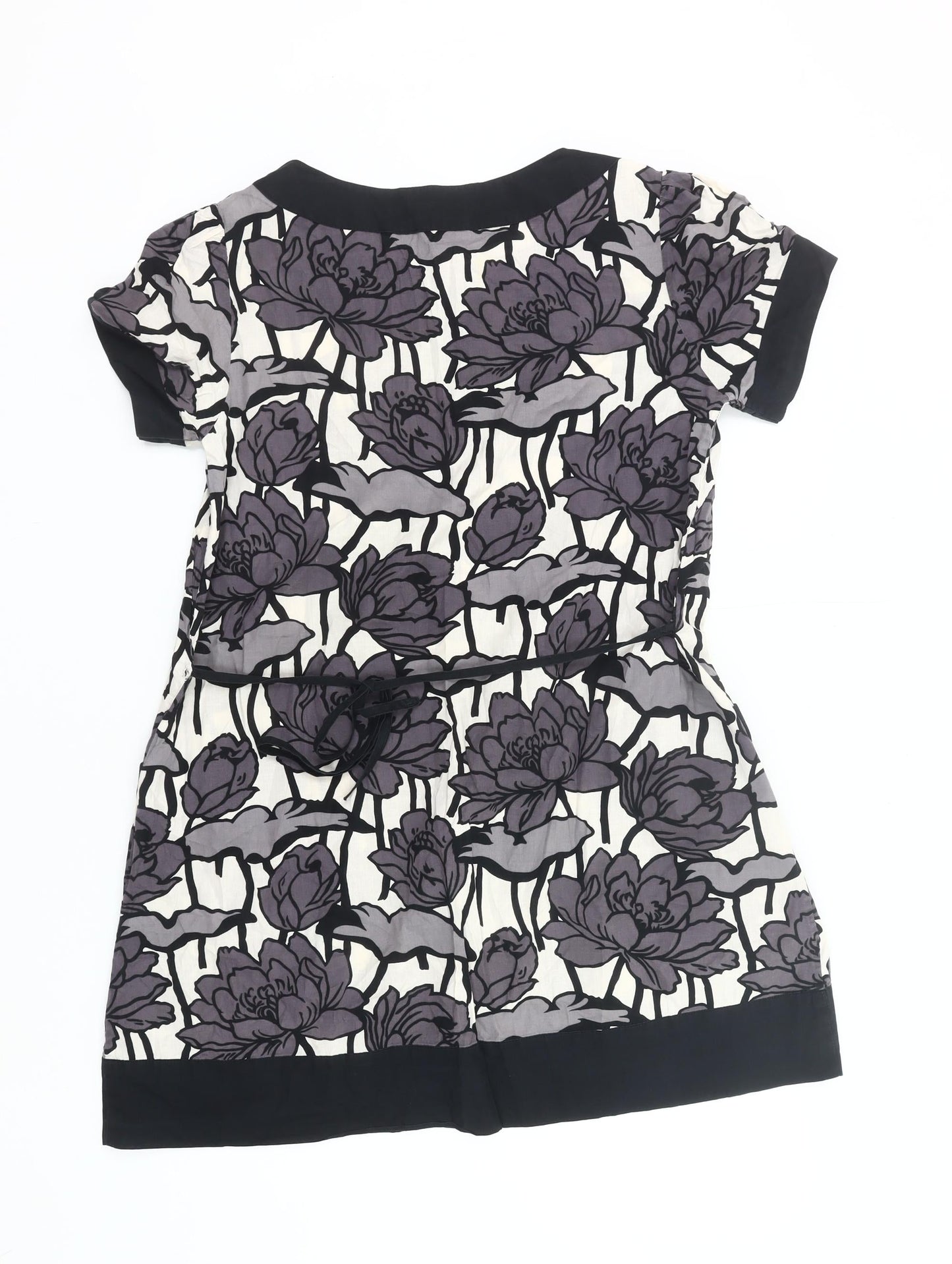 Warehouse Women’s Black Purple Floral Shift Dress UK 12 Short Sleeve Cotton