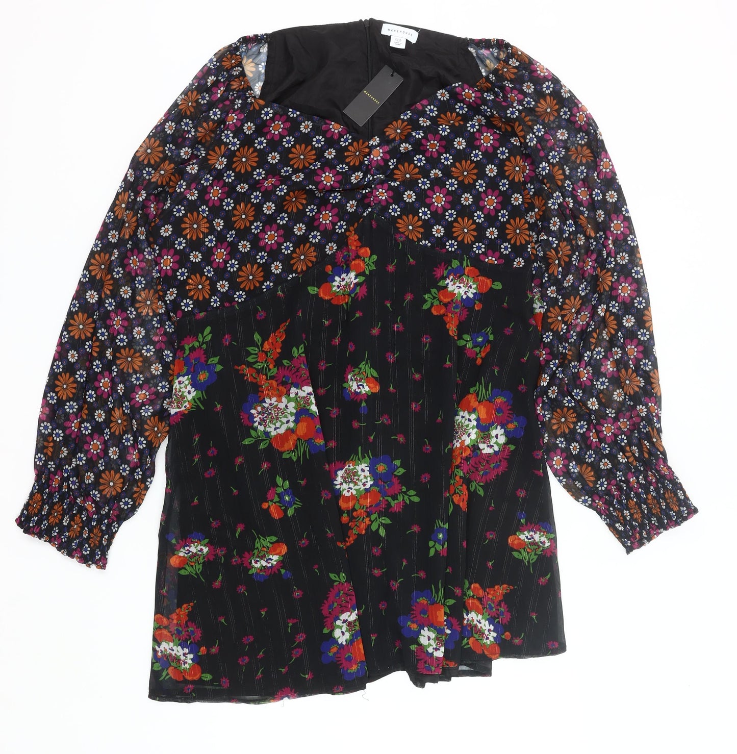 Warehouse Womens Plus Size 24 Multicoloured Floral A-Line Long Sleeve Knee Length Dress