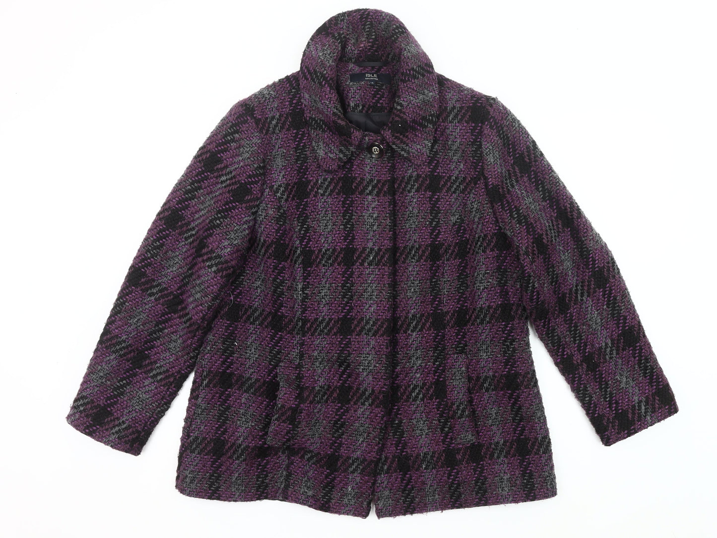 Isle Collection Womens Purple Check Coat Size 14 Wool Blend Overcoat