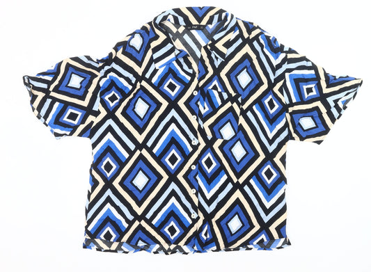 F&F Women’s Blue Geometric Button-Up Blouse Size 18 Short Sleeve