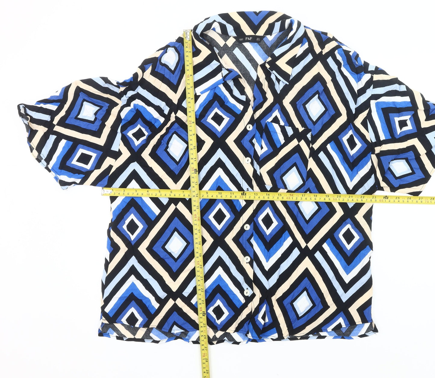 F&F Women’s Blue Geometric Button-Up Blouse Size 18 Short Sleeve
